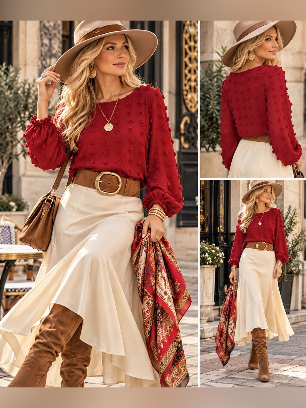 Red Textured Puff-Sleeve Blouse by